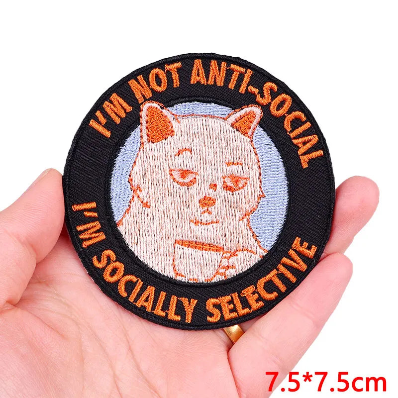 Black embroidered iron-on patch featuring a cartoon cat design with the text I'm not anti-social I'm socially selective