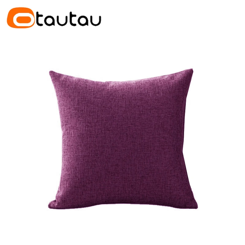 A square, deep purple linen cushion cover with a textured weave.