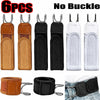 Six pairs of black and beige elastic belts with buckle-free adjusters shown next to a leather belt.