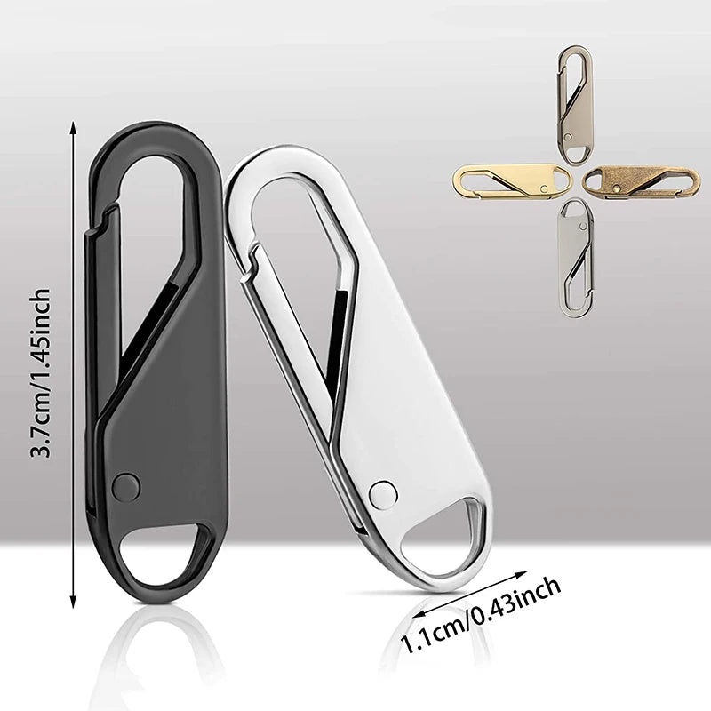 A set of metal zipper sliders and a black zipper pull shown with various sizes and angles.