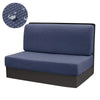 A dark blue stretch sofa and chair cover with a textured pattern shown next to the product.