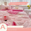 Pink bubble yarn summer cool quilt with a yellow headband and a pink pillow