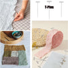 A collection of fabric strips and a spool of pink yarn are shown alongside T-Pins for crafting and sewing.