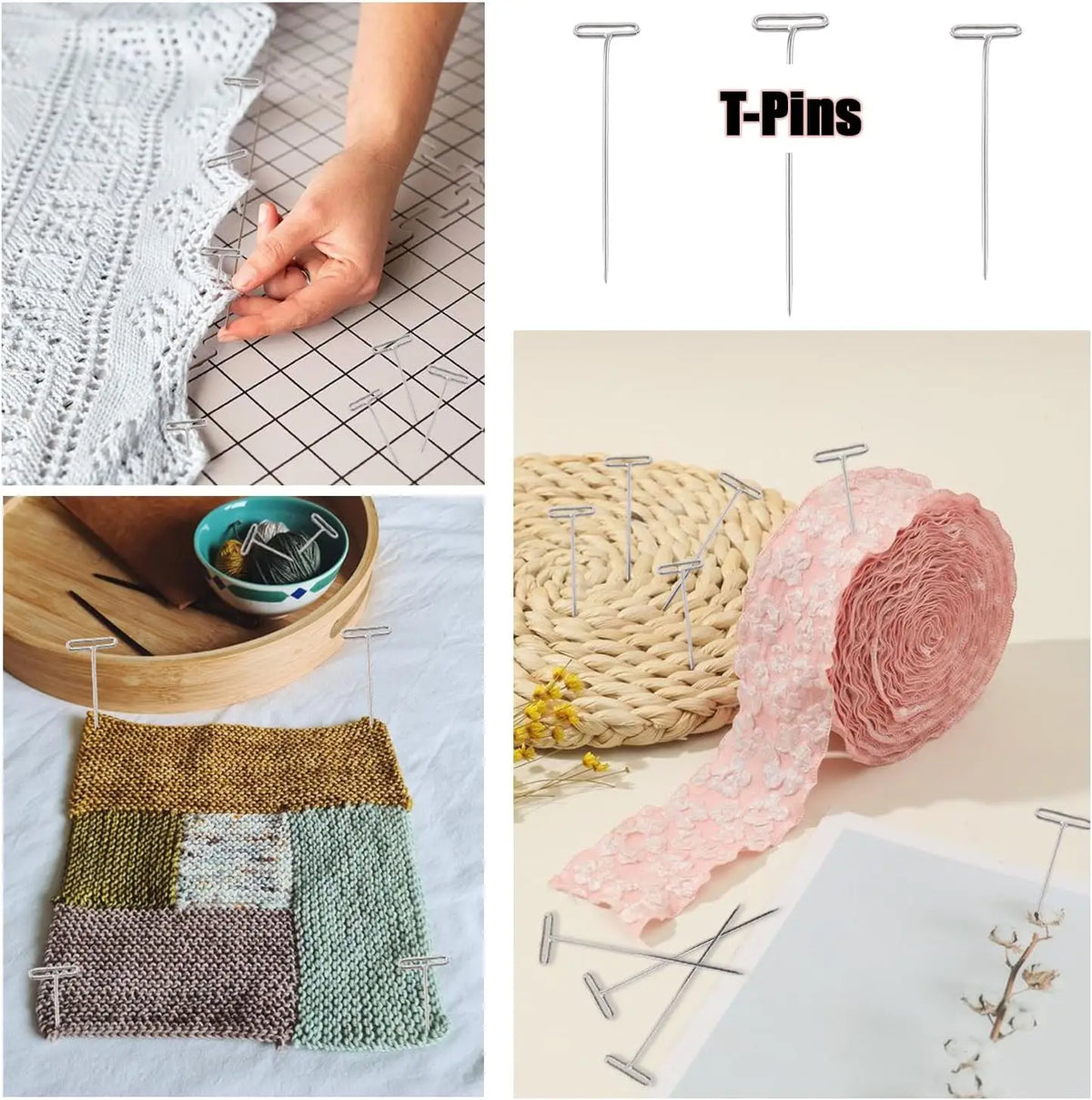 A collection of fabric strips and a spool of pink yarn are shown alongside T-Pins for crafting and sewing.