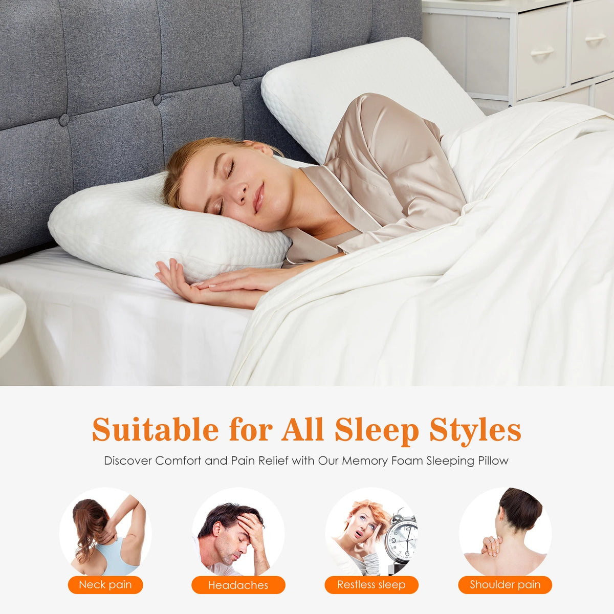 A memory foam sleeping pillow is shown next to a woman sleeping, with icons indicating relief for neck pain, headaches, restl