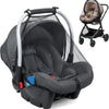 A black universal mosquito net for baby strollers and car seats is shown with a folded canopy.