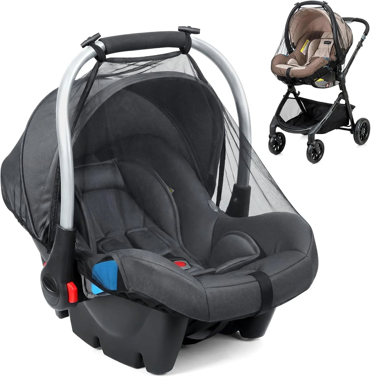 A black universal mosquito net for baby strollers and car seats is shown with a folded canopy.