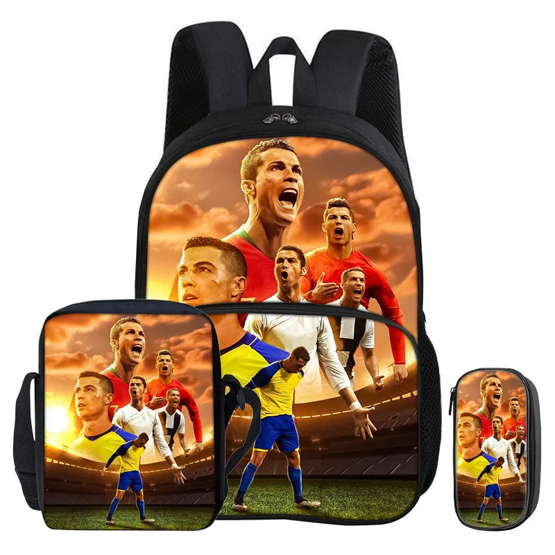 Black football sport backpack featuring a large graphic of a soccer team celebrating.