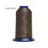 A spool of dark brown polyester embroidery thread with a blue cap.