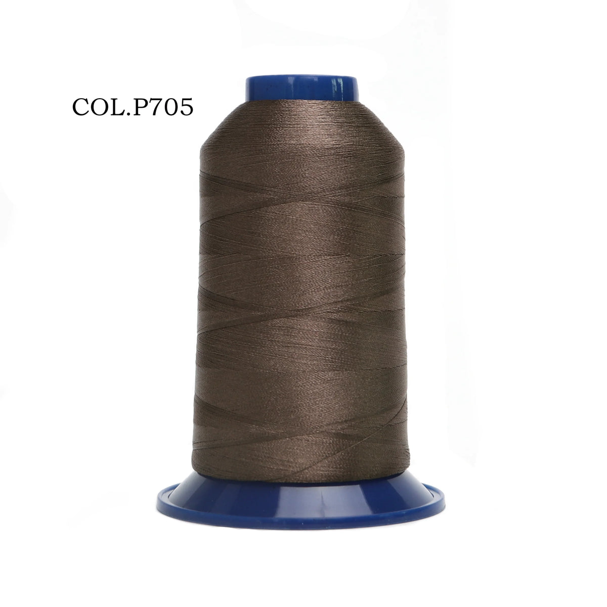 A spool of dark brown polyester embroidery thread with a blue cap.