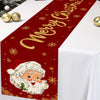 A festive red table runner with gold lettering and snowflake designs, featuring a Santa face.