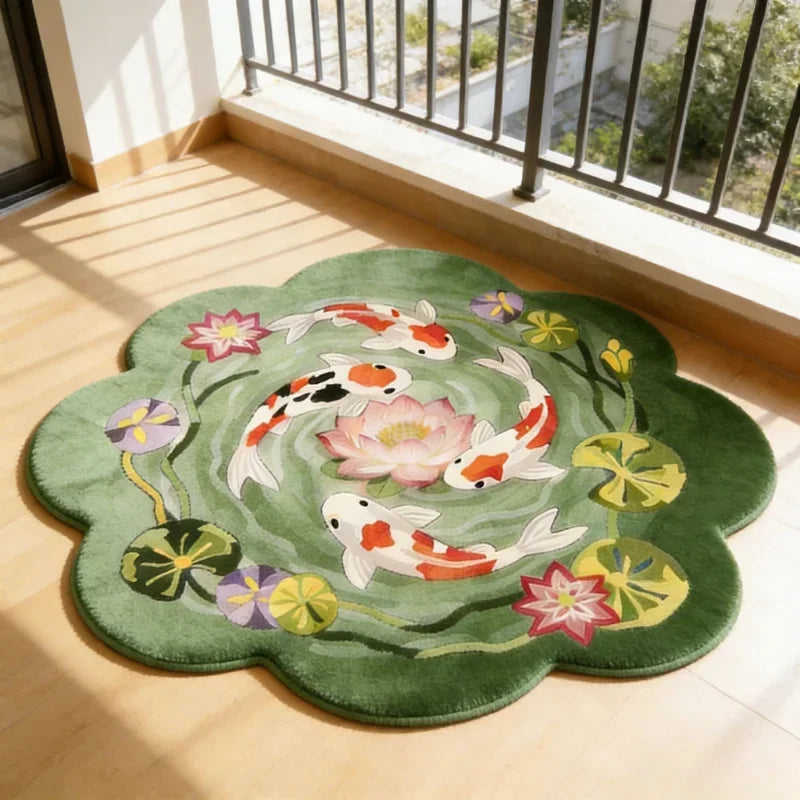Round rug featuring a colorful koi fish pattern in pink, orange, and white on a green background.