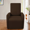 A dark brown, upholstered accent chair with a curved back and seat is shown in a bright room.
