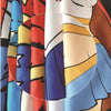 A close-up of a colorful fabric apron featuring abstract stripes and geometric patterns.