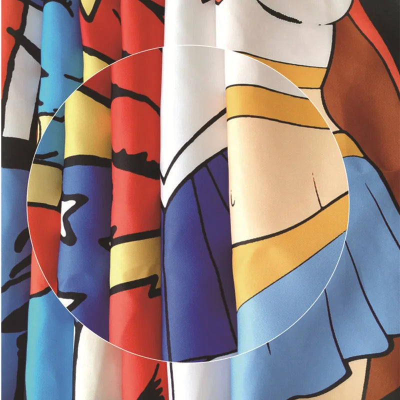 A close-up of a colorful fabric apron featuring abstract stripes and geometric patterns.