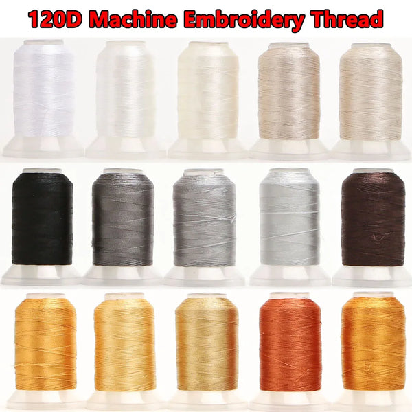 Rolls of 120D machine embroidery thread in various colors including white, gray, black, and gold.