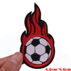 Red and black embroidered patch depicting a stylized flame surrounding a soccer ball.
