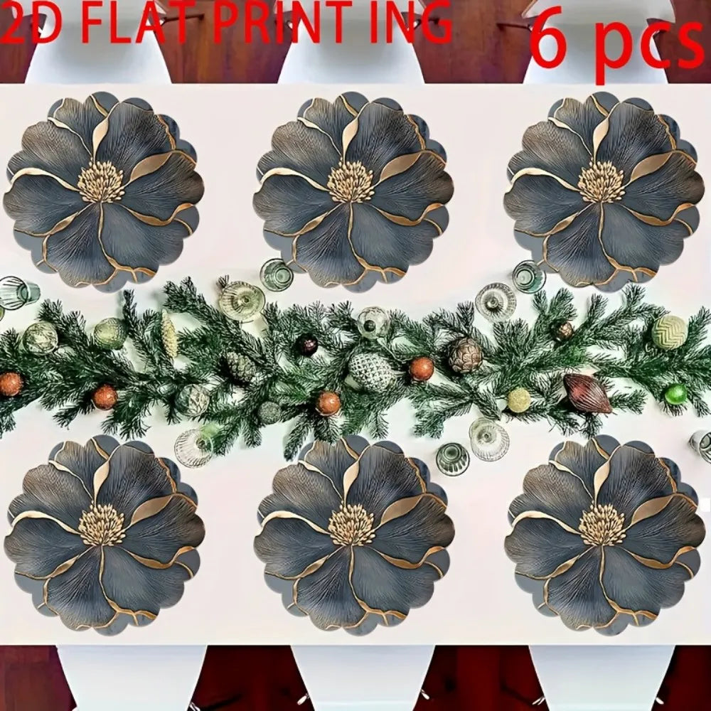 Six dark gray floral non-slip placemats with gold accents arranged on a white surface.