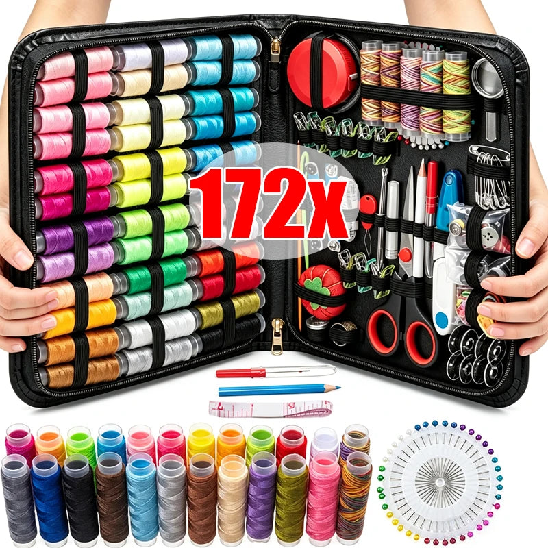 A black sewing kit is shown open, displaying numerous spools of thread and various sewing tools.