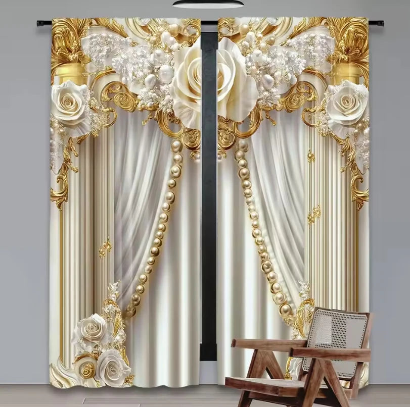 Pair of luxurious cream and gold Baroque printed curtains with sheer fabric and floral accents.