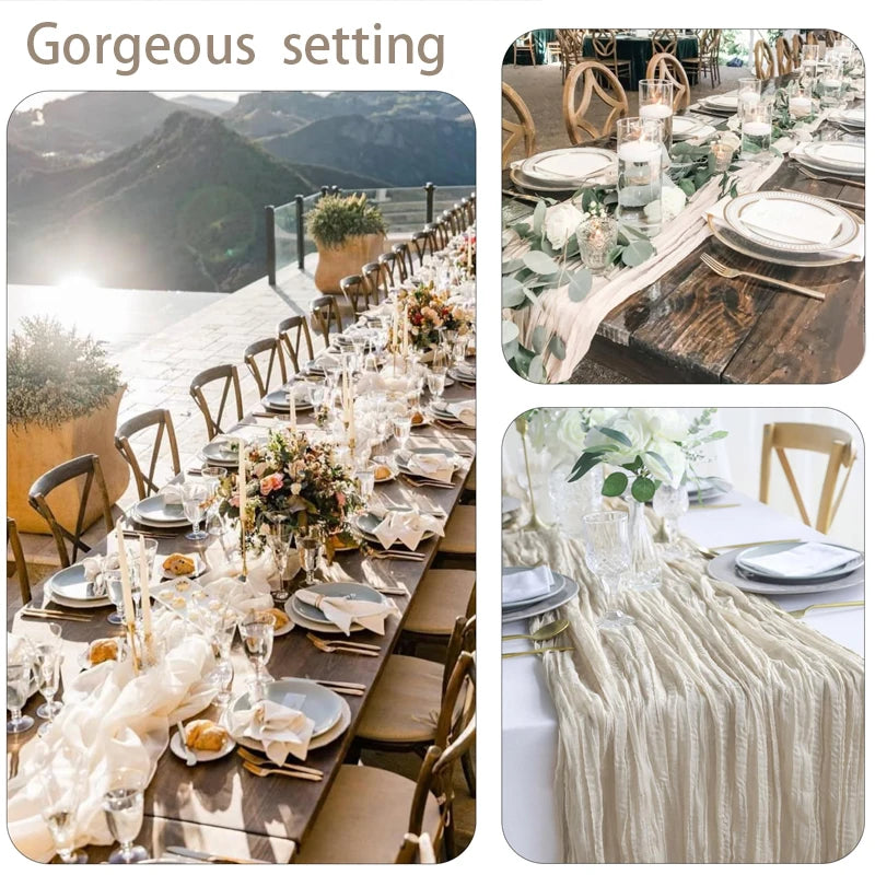 A long wooden table set for an outdoor event with white linens, floral arrangements, and glassware.