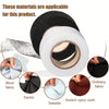 Various fabrics like wool, denim, sweater, and stretch nylon cloth are shown with iron-on hem tape materials.