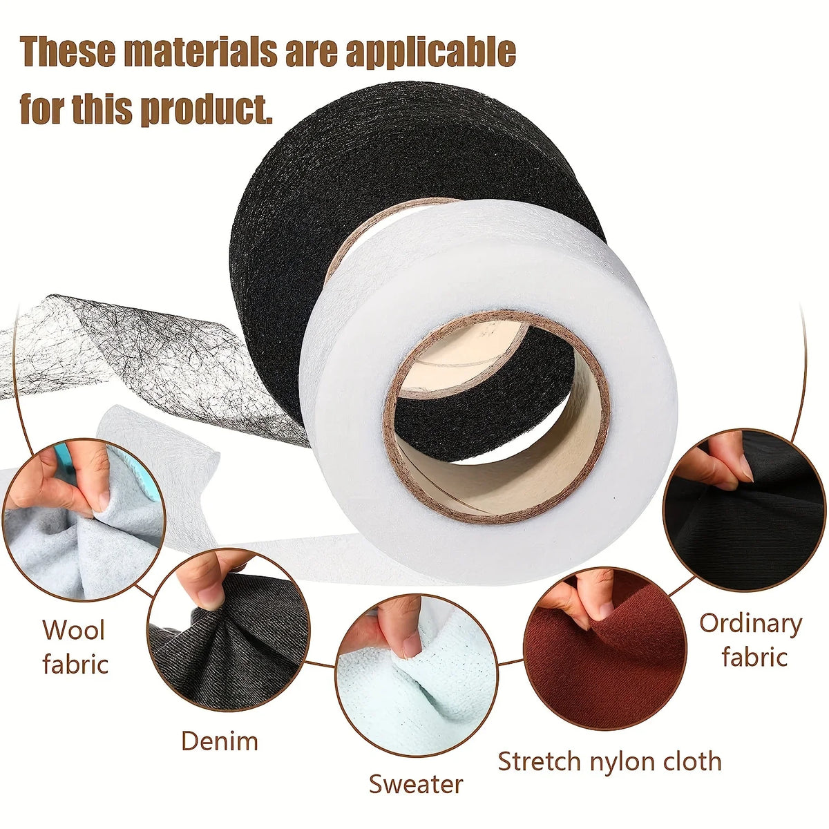 Various fabrics like wool, denim, sweater, and stretch nylon cloth are shown with iron-on hem tape materials.