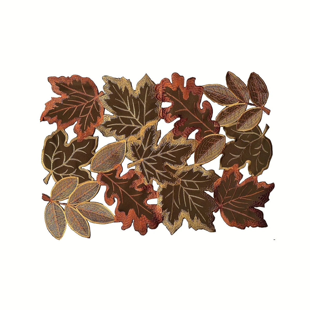 A decorative table runner featuring a pattern of various autumn-toned maple leaves.