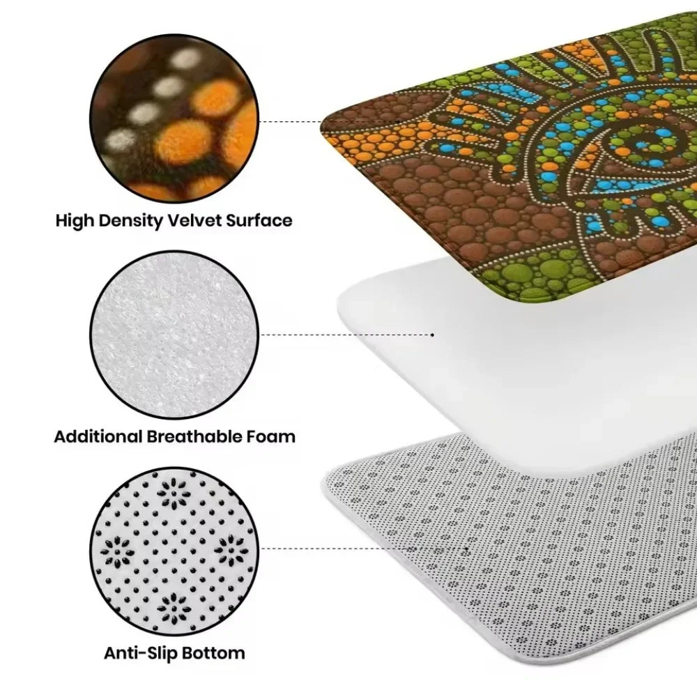 A close-up diagram showing the features of a luxury floral area rug including high density velvet surface, breathable foam, a