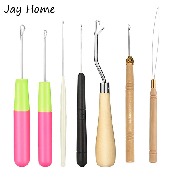 A set of five plastic latch hooks for crochet and crafting, featuring various colors like green, pink, and natural wood tones