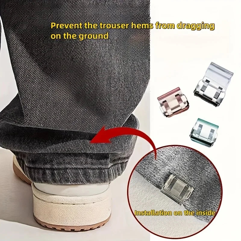 Close-up of invisible pants hem clips used to prevent trouser hems from dragging on the ground.