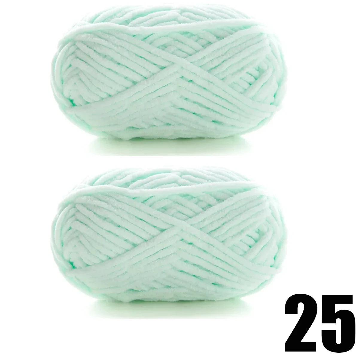 A ball of thick, light mint green velvet yarn with an open, twisted texture.