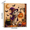 Diamond painting kit featuring a cute cat dressed in purple and gold, surrounded by Halloween elements like pumpkins and spid