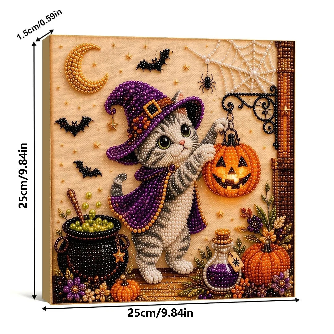 Diamond painting kit featuring a cute cat dressed in purple and gold, surrounded by Halloween elements like pumpkins and spid