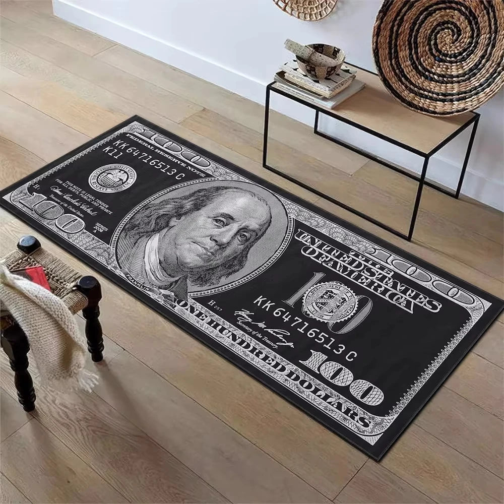 A long runner carpet featuring a 100 dollar bill design on a black background.