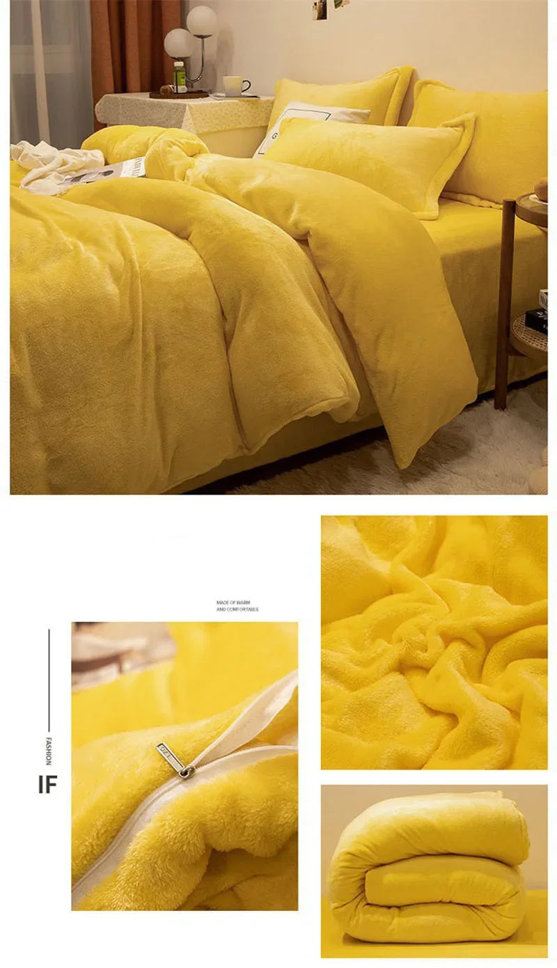 A set of luxurious yellow flannel duvet covers and pillows displayed on a bed.