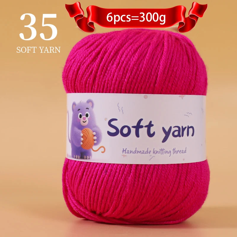 A skein of bright pink soft yarn labeled as 35 soft yarn, intended for handmade knitting thread.