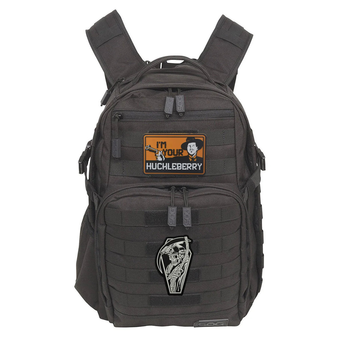 A dark gray backpack featuring a glow in the dark skull biker patch on the front pocket.