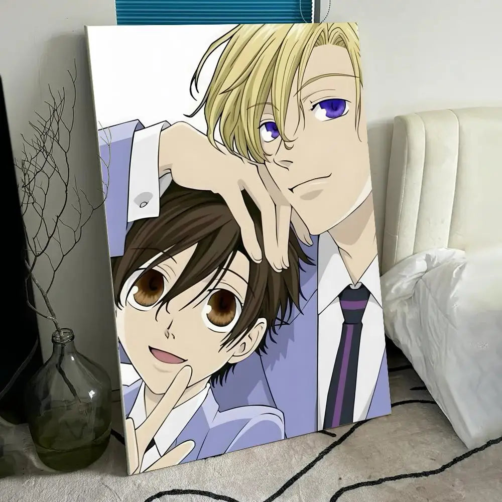 A modern wall art print featuring an anime style illustration of a male character with blonde hair and purple eyes.