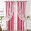 Pink sheer double-layer decorative curtains hanging in a white window frame