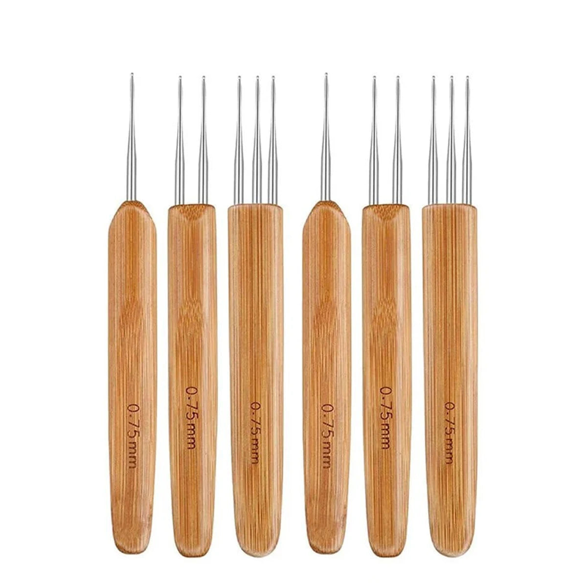 A set of ten wooden crochet hooks for dreadlocks and braids, showing various sizes.