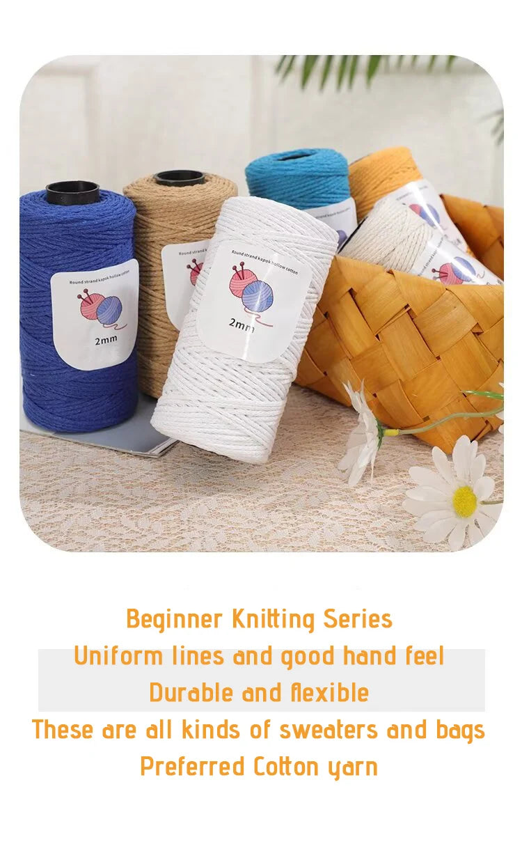 A collection of blue, yellow, and white yarn spools and a woven basket showing various thicknesses for knitting projects.
