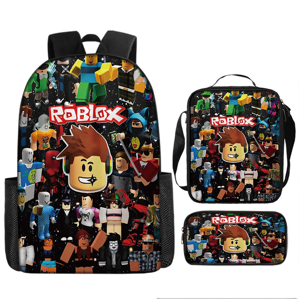 A black backpack featuring a Roblox theme with various minifigures and characters.