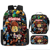 A black backpack featuring a Roblox theme with various minifigures and characters.