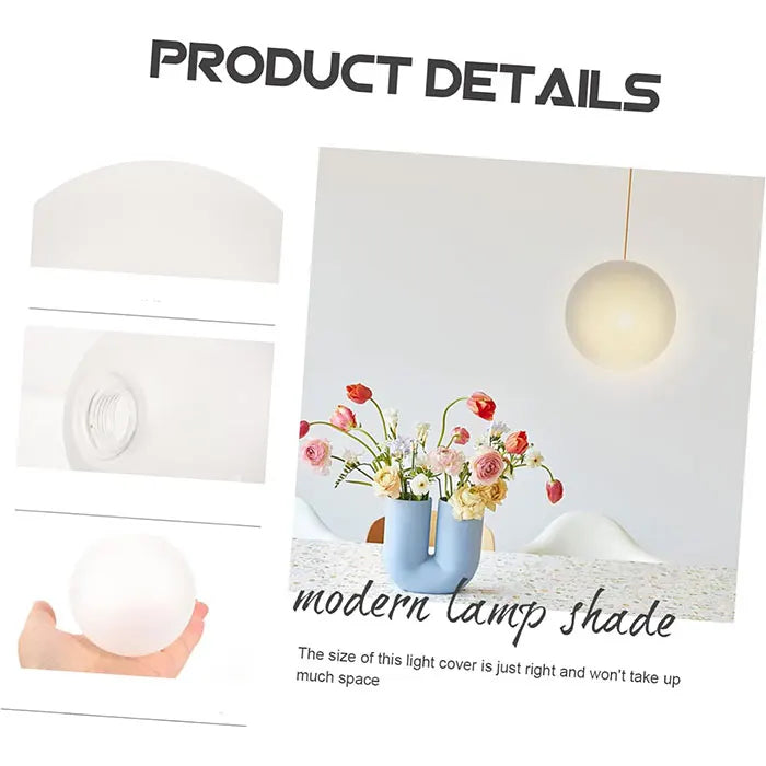 A modern lamp shade with a spherical, frosted glass dome is shown hanging on a white wall.