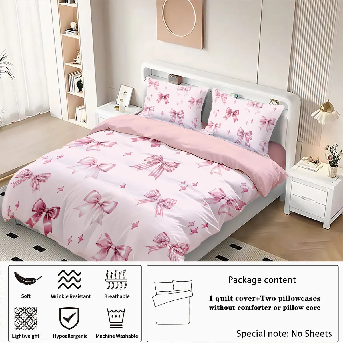 A pink bow printed duvet cover set displayed on a white bed with matching pillows and accessories.