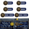 A set of brass and blue plastic buttons designed to extend the waistline of jeans or pants.
