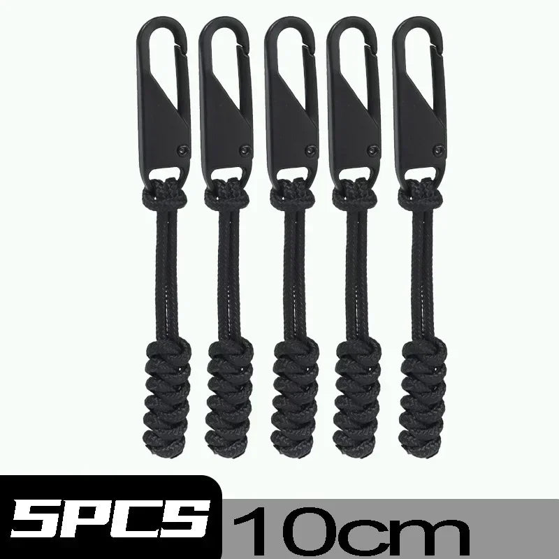 Five black detachable zipper pull sliders for bags and clothing
