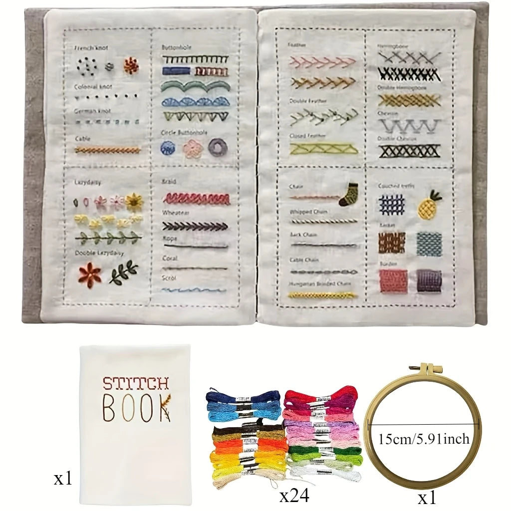 A set of embroidery stitch books showing various knots, stitches, and thread types for beginners