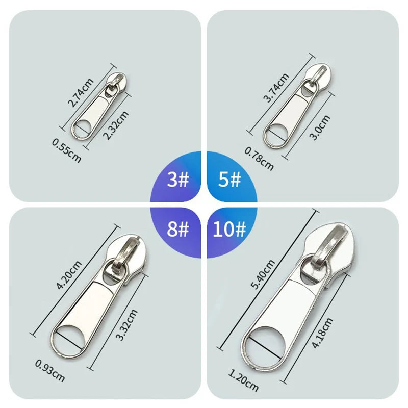 A collection of universal zipper repair kits shown with various sizes and dimensions.